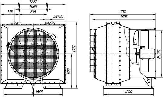 Габаритные размеры агрегата воздушно-отопительного А02-10÷25 на базе парового воздухонагревателя.