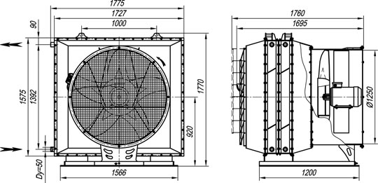 Габаритные размеры агрегата воздушно-отопительного А02-50