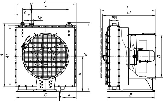 Габаритные размеры агрегата воздушно-отопительного А02-3-6,3 на базе парового воздухонагревателя.