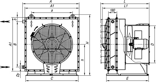 Габаритные размеры агрегата воздушно-отопительного А02 на базе водяного воздухонагревателя.