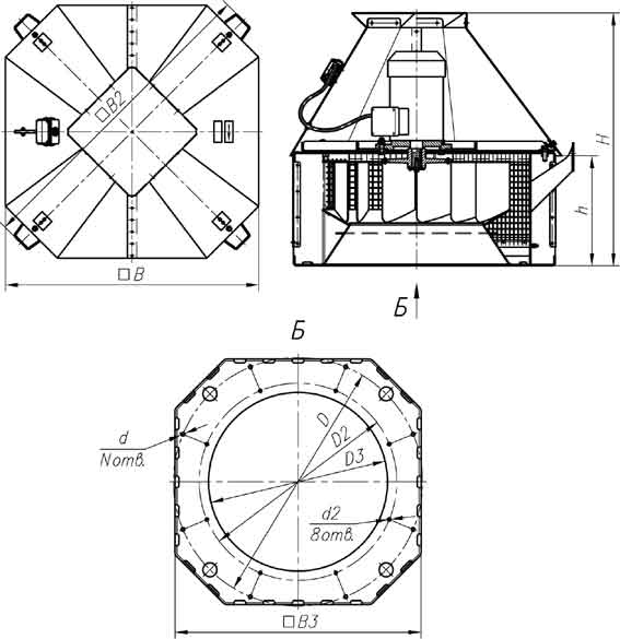 Габаритные и присоединительные размеры вентиляторов крышных ВКР